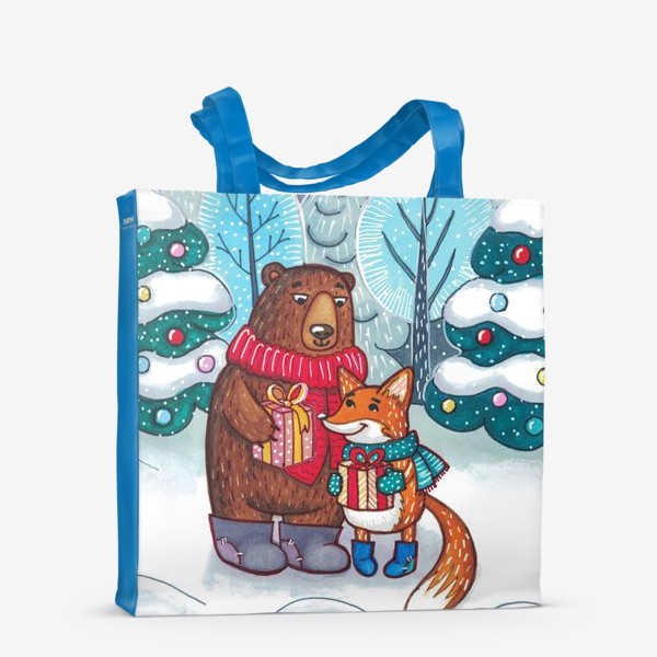 Сумка-шоппер «Милый новогодний принт: мишка и лисичка дарят друг другу подарки»