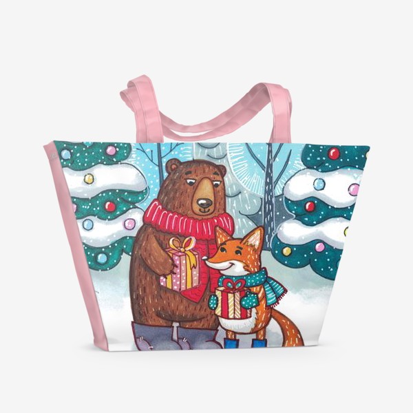 Пляжная сумка &laquo;Милый новогодний принт: мишка и лисичка дарят друг другу подарки&raquo;