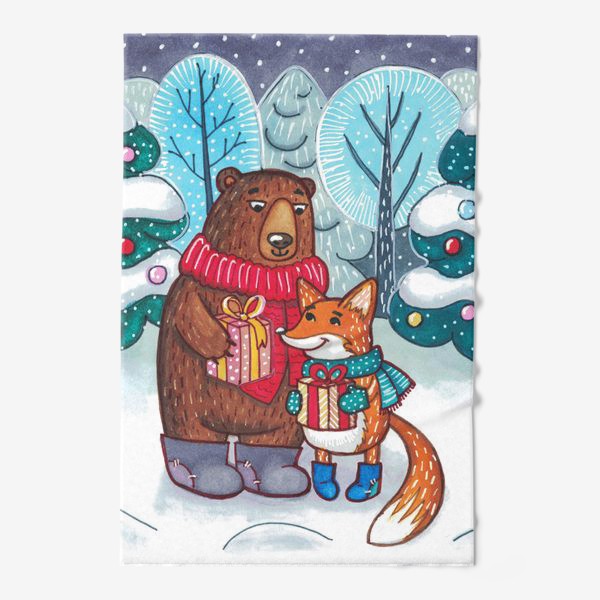 Полотенце «Милый новогодний принт: мишка и лисичка дарят друг другу подарки»