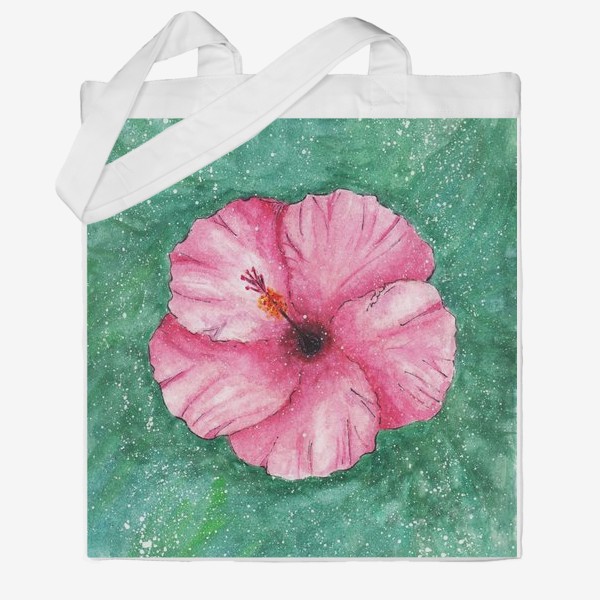 Сумка хб «Акварельный розовый цветок гибискус с волнистыми лепестками на зеленом фоне в крапинку»
