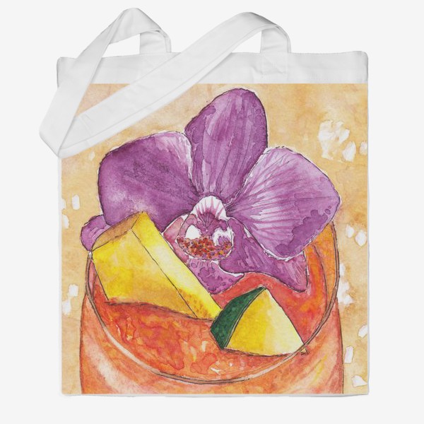 Сумка хб «Акварельный коктейль с цветком орхидея и кусочками дыни и лайма»