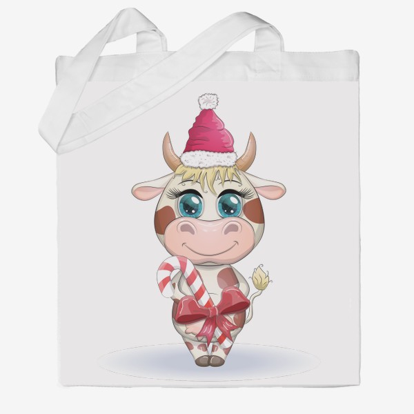 Сумка хб «Бык, символ 2021 года, корова с кенди-кейн и в шапке Санта-Клауса»