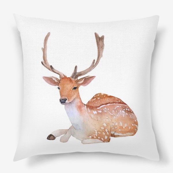 Подушка «Reindeer watercolor drawing isolated on white background.»