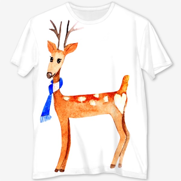 Футболка с полной запечаткой «Deer, cartoon new year character. Watercolor isolated drawing on a white background.»