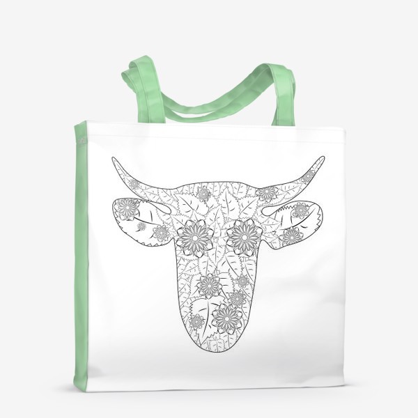 Сумка-шоппер «Голова коровы зентангл с цветами, раскраска»