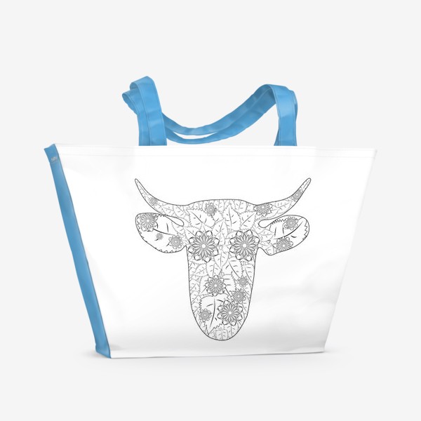 Пляжная сумка &laquo;Голова коровы зентангл с цветами, раскраска&raquo;
