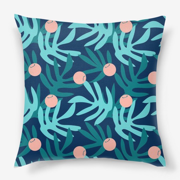Подушка «Тропические растения и ягоды на синем фоне»