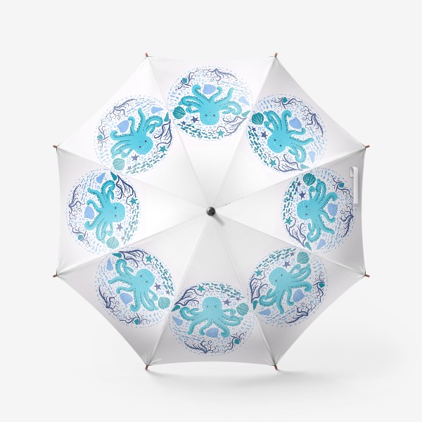 Зонт «Милый осьминог в скандинавском стиле в окружении ракушек, рыб, водорослей»