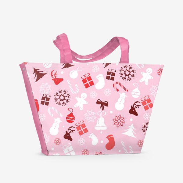 Пляжная сумка «Новогодний узор на розовом фоне»