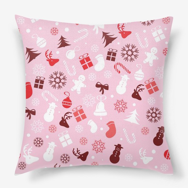 Подушка «Новогодний узор на розовом фоне»