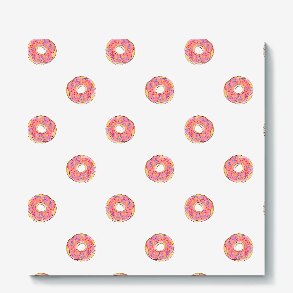 Холст «Сладкий орнамент из пончиков с глазурью. Сладости и десерты на белом фоне»