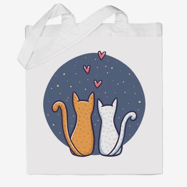 Сумка хб &laquo;Влюбленные коты с сердечками на фоне космоса (на белом фоне)&raquo;