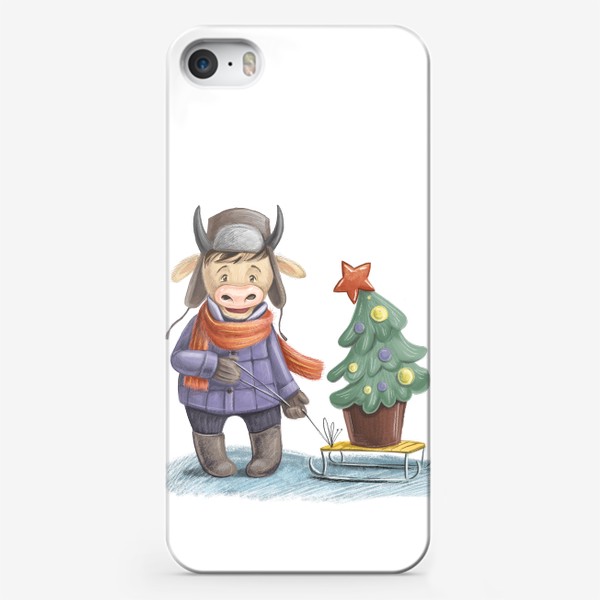 Чехол iPhone «Новогодний бык с елочкой»