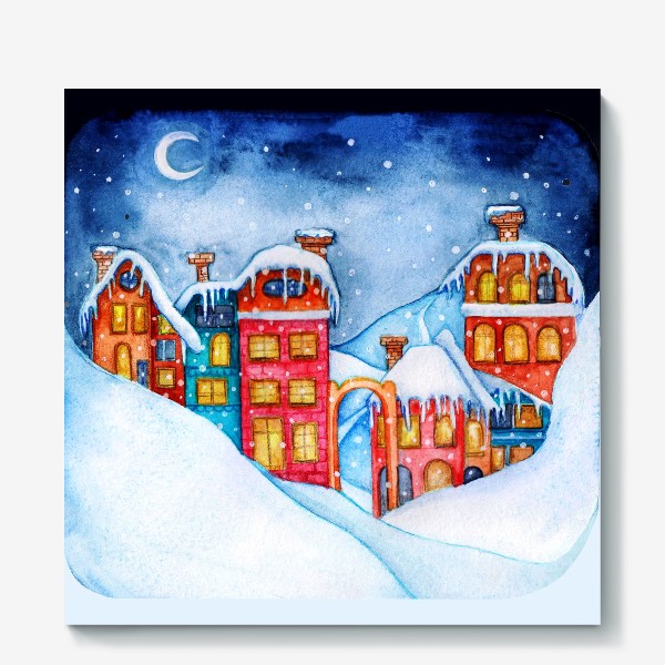 Холст «Watercolor illustration of a winter city at night.5000»