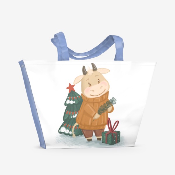 Пляжная сумка «Бычок с елочкой Новый Год»