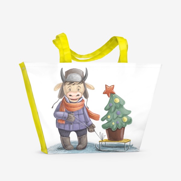 Пляжная сумка «Новогодний бык с елочкой»