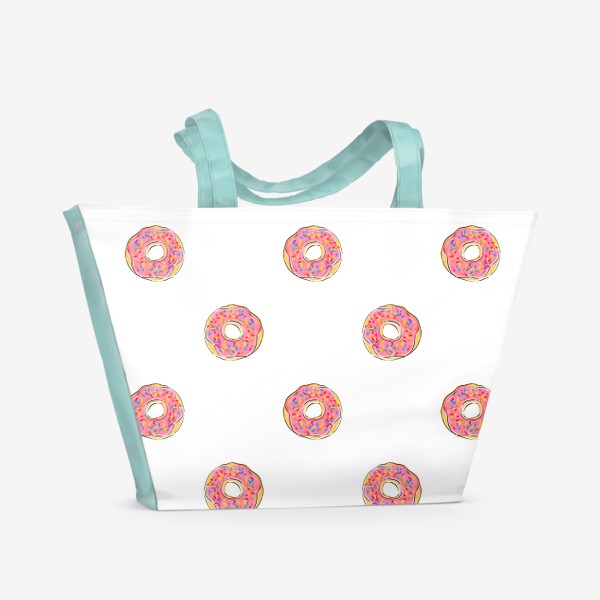 Пляжная сумка «Сладкий орнамент из пончиков с глазурью. Сладости и десерты на белом фоне»