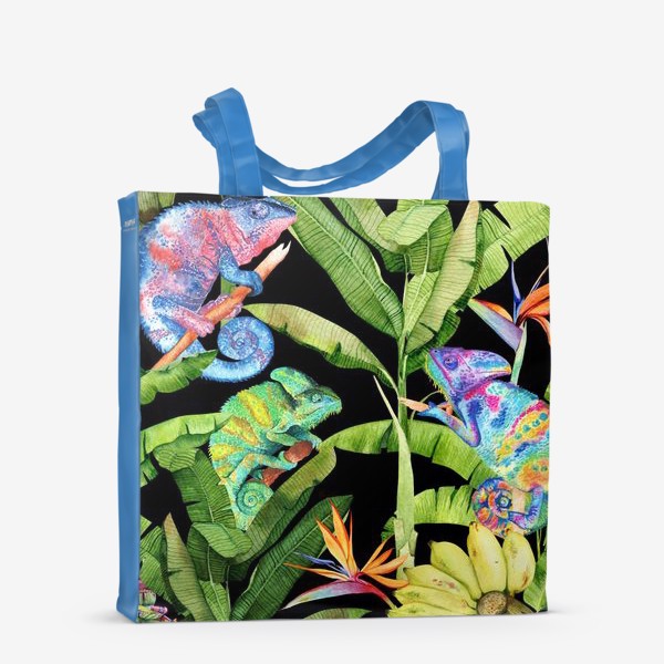 Сумка-шоппер «Акварельные хамелеоны, бананы и цветы на черном»