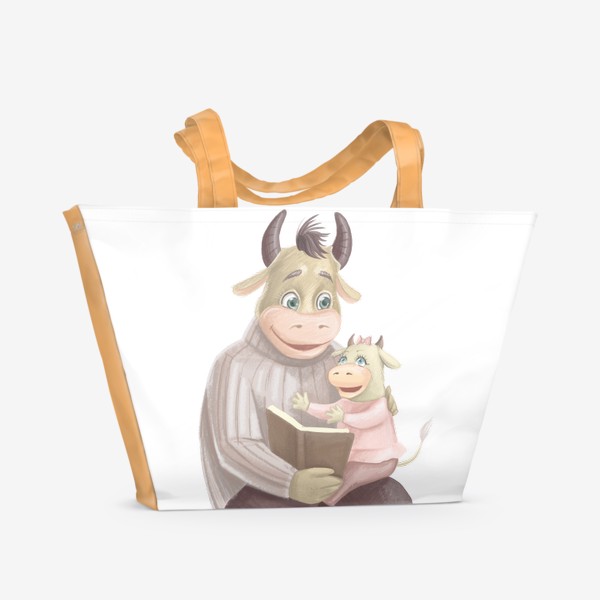 Пляжная сумка «Бык папа читает книгу дочке Новый Год»