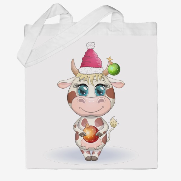 Сумка хб «Бык, символ 2021 года, корова с шаром и в шапке Санта-Клауса»