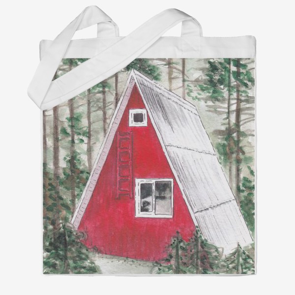 Сумка хб «Треугольный красный дом в лесу среди сосен и ёлок»