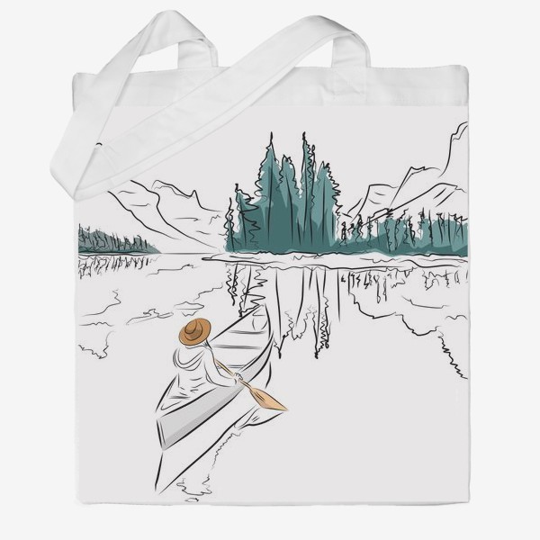 Сумка хб &laquo;Девушка в шляпе в лодке каноэ плывет по озеру в горах среди ёлок&raquo;