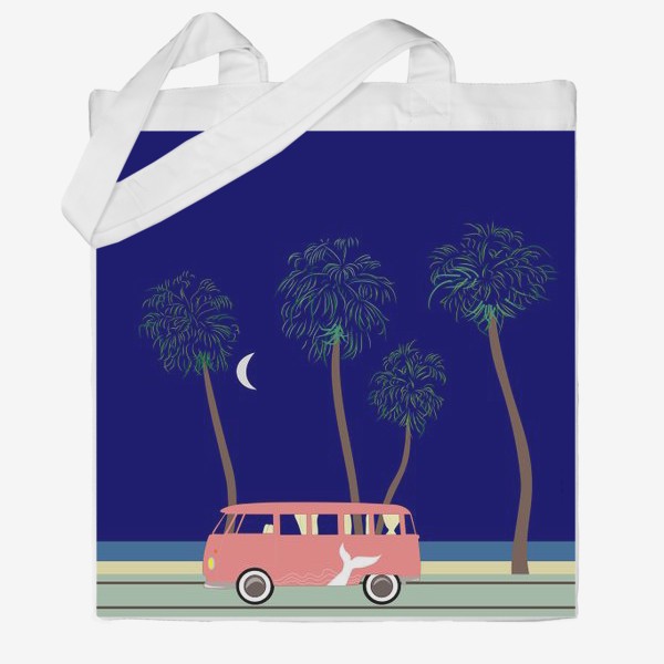 Сумка хб «Ретро автобус на побережье, пальмы, луна, лето»