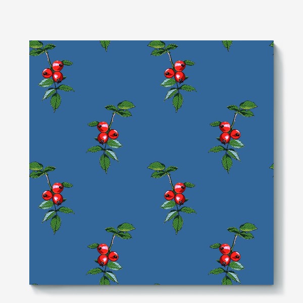 Холст «Красные ягоды шиповника на синем фоне. Яркие плоды на ветке с зелеными листьями»