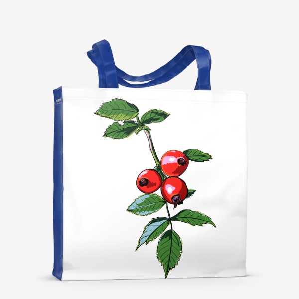 Сумка-шоппер «Шиповник с красными ягодами и зелеными листьями. Ботанический скетч ярких плодов на ветке»