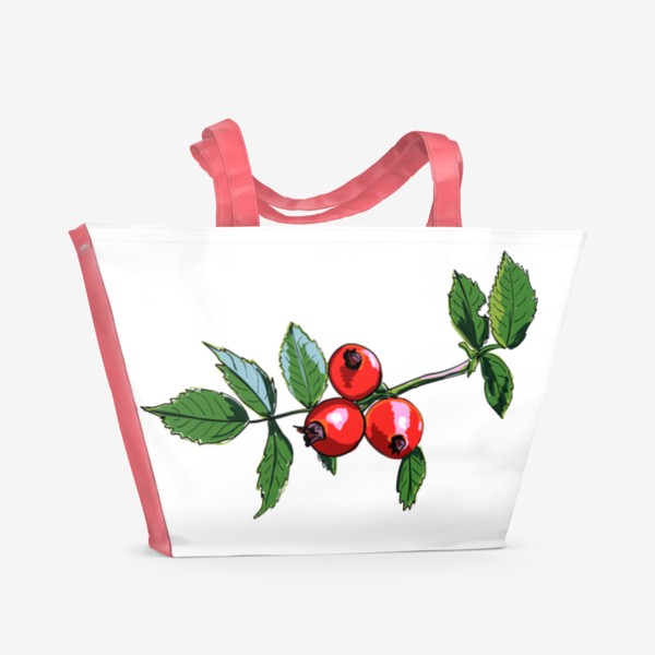 Пляжная сумка «Шиповник с красными ягодами и зелеными листьями. Ботанический скетч ярких плодов на ветке»