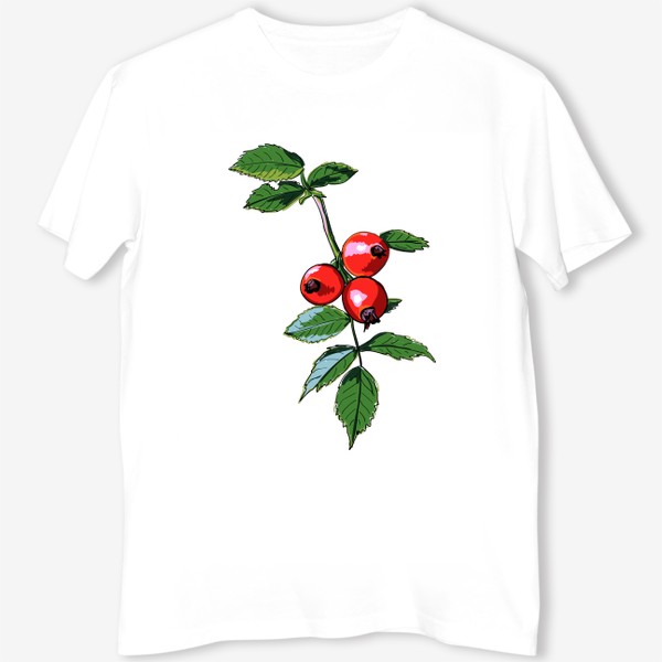 Футболка «Шиповник с красными ягодами и зелеными листьями. Ботанический скетч ярких плодов на ветке»