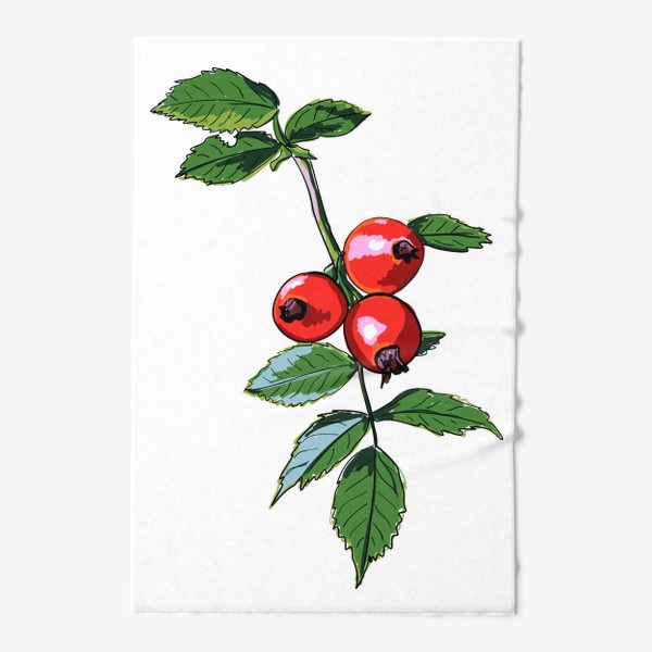 Полотенце «Шиповник с красными ягодами и зелеными листьями. Ботанический скетч ярких плодов на ветке»