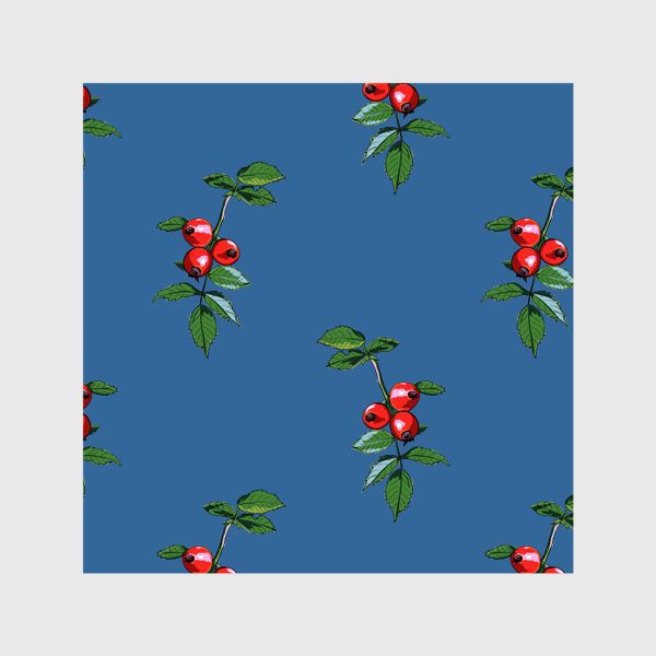 Шторы «Красные ягоды шиповника на синем фоне. Яркие плоды на ветке с зелеными листьями»