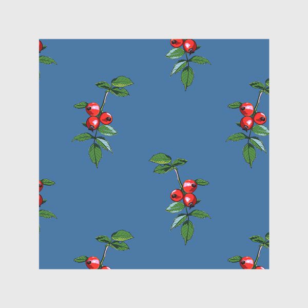 Скатерть «Красные ягоды шиповника на синем фоне. Яркие плоды на ветке с зелеными листьями»