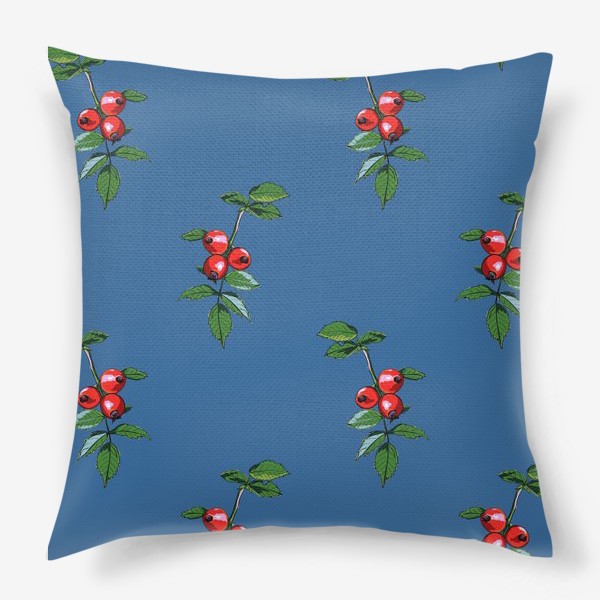 Подушка «Красные ягоды шиповника на синем фоне. Яркие плоды на ветке с зелеными листьями»