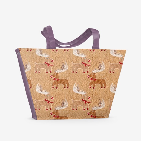 Пляжная сумка «Рождественские олени на крафт бумаге - паттерн»