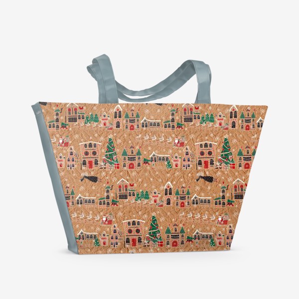 Пляжная сумка «Рождественская ночь в городке, нарисованном на крафт бумаге - паттерн»