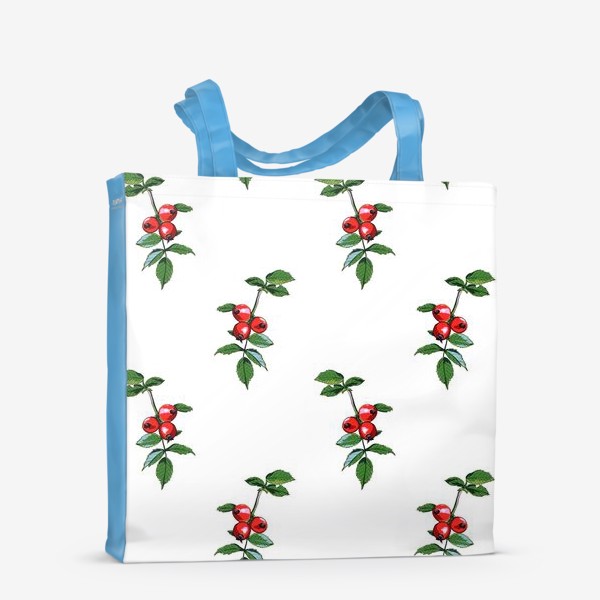 Сумка-шоппер «Орнамент из ветки с плодами шиповника. Яркие красные ягоды на белом фоне»