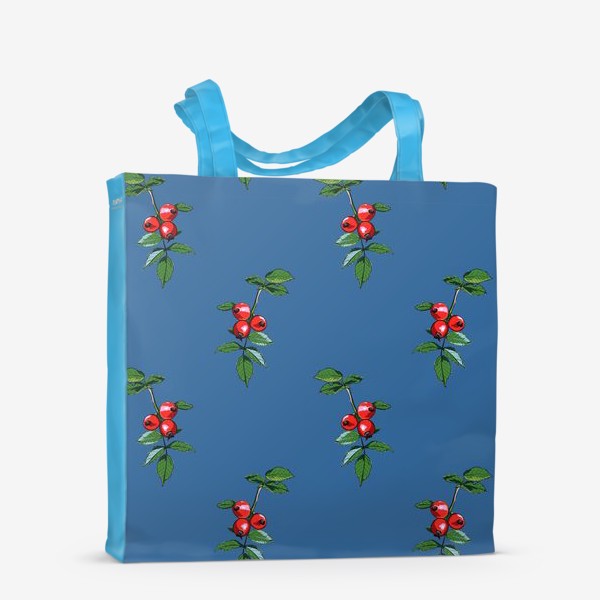 Сумка-шоппер «Красные ягоды шиповника на синем фоне. Яркие плоды на ветке с зелеными листьями»