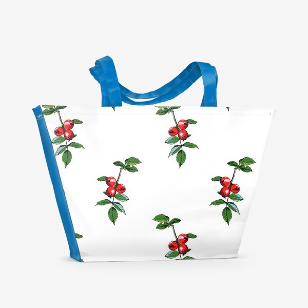 Пляжная сумка &laquo;Орнамент из ветки с плодами шиповника. Яркие красные ягоды на белом фоне&raquo;