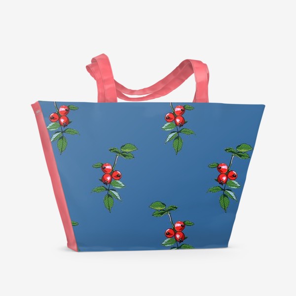 Пляжная сумка &laquo;Красные ягоды шиповника на синем фоне. Яркие плоды на ветке с зелеными листьями&raquo;