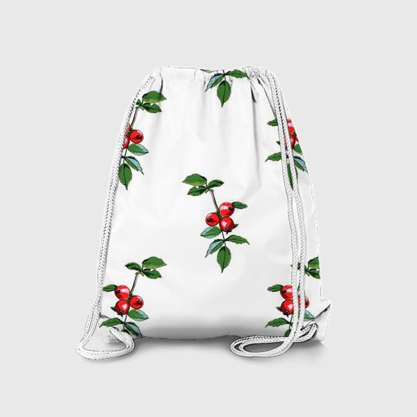 Рюкзак «Орнамент из ветки с плодами шиповника. Яркие красные ягоды на белом фоне»