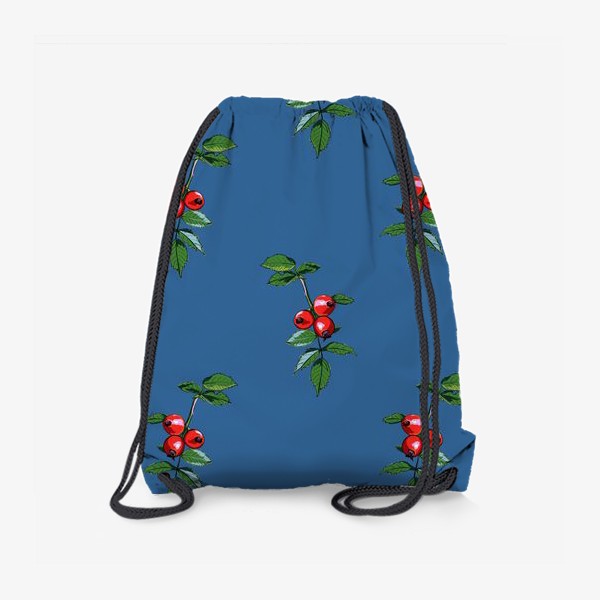 Рюкзак «Красные ягоды шиповника на синем фоне. Яркие плоды на ветке с зелеными листьями»