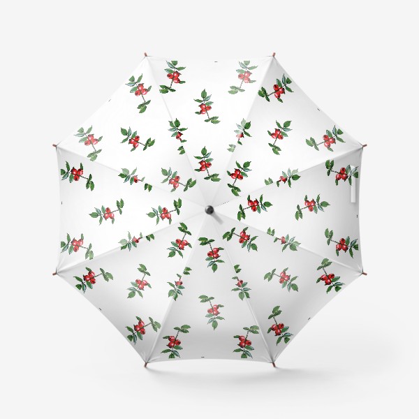 Зонт «Орнамент из ветки с плодами шиповника. Яркие красные ягоды на белом фоне»