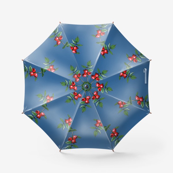 Зонт &laquo;Красные ягоды шиповника на синем фоне. Яркие плоды на ветке с зелеными листьями&raquo;