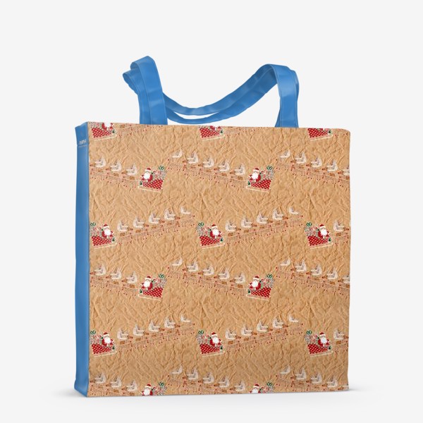 Сумка-шоппер «Санта в оленьей упряжке мчится развозить подарки - паттерн»