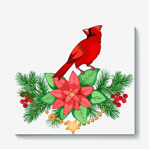 Холст «Рождественский букет с пуансеттией и кардиналом»
