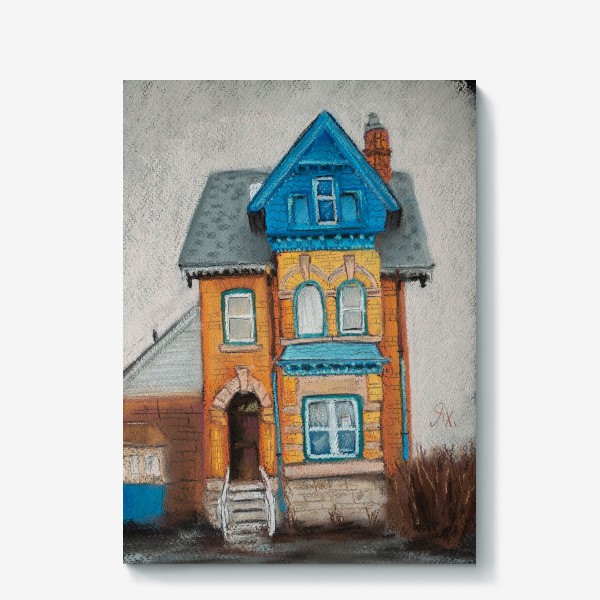 Холст «Рыжий дом с голубыми крышами Городской скетч Архитектура Пастель»