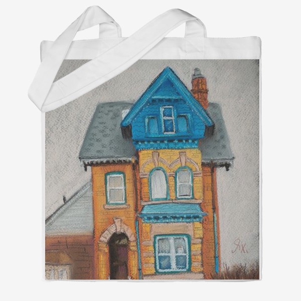 Сумка хб «Рыжий дом с голубыми крышами Городской скетч Архитектура Пастель»