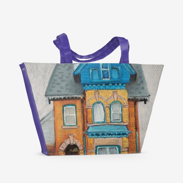 Пляжная сумка «Рыжий дом с голубыми крышами Городской скетч Архитектура Пастель»